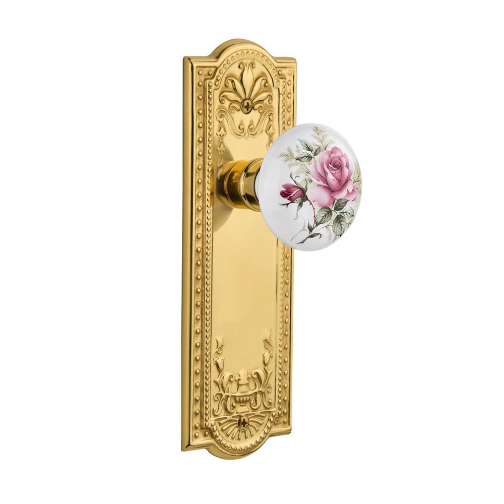 Nostalgic Warehouse MEAROS Single Dummy Meadows Plate with Rose Porcelain Knob without Keyhole in Polished Brass